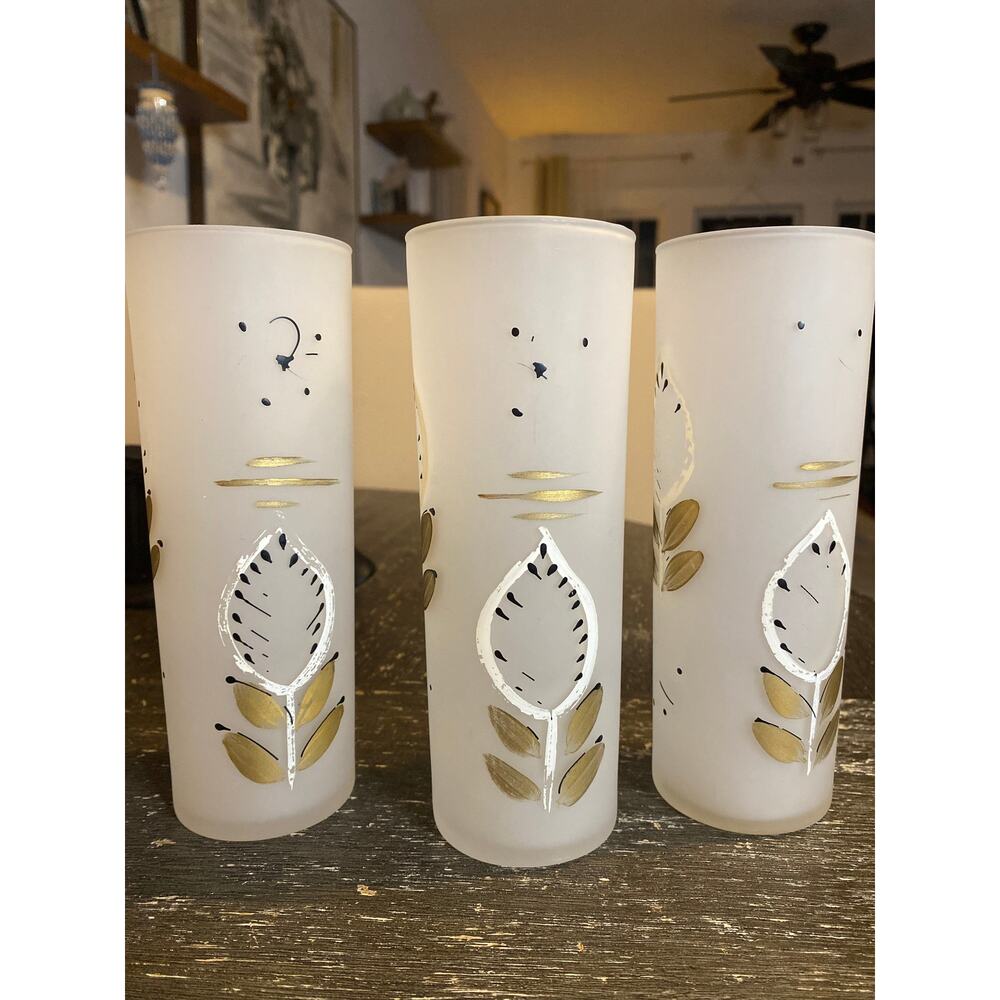 Mid century frosted highball glasses hand painted Gold leaf.